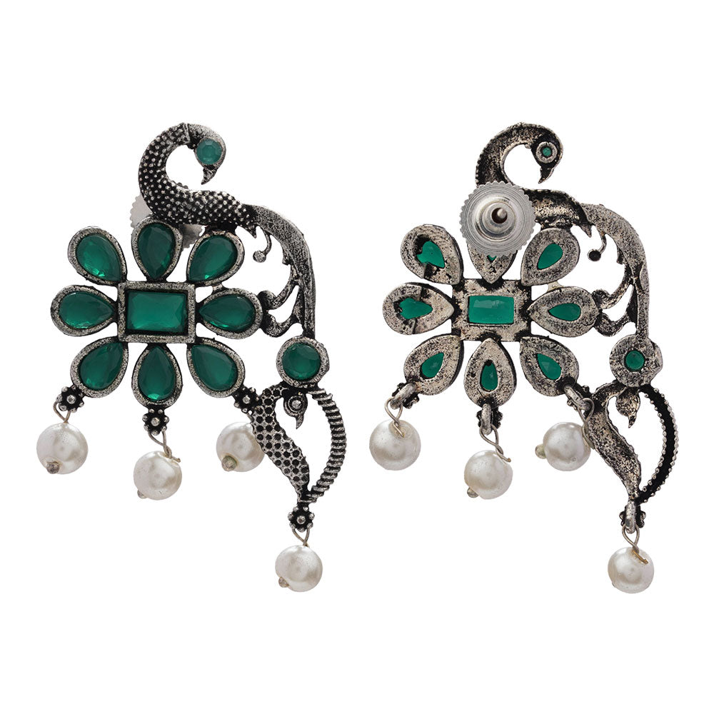 Peacock flower pearl stud earrings (Green)