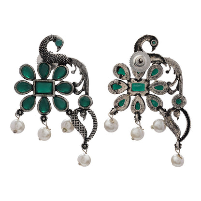 Peacock flower pearl stud earrings (Green)