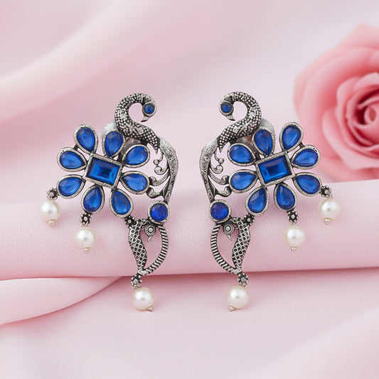 Peacock flower pearl stud earrings (Blue)