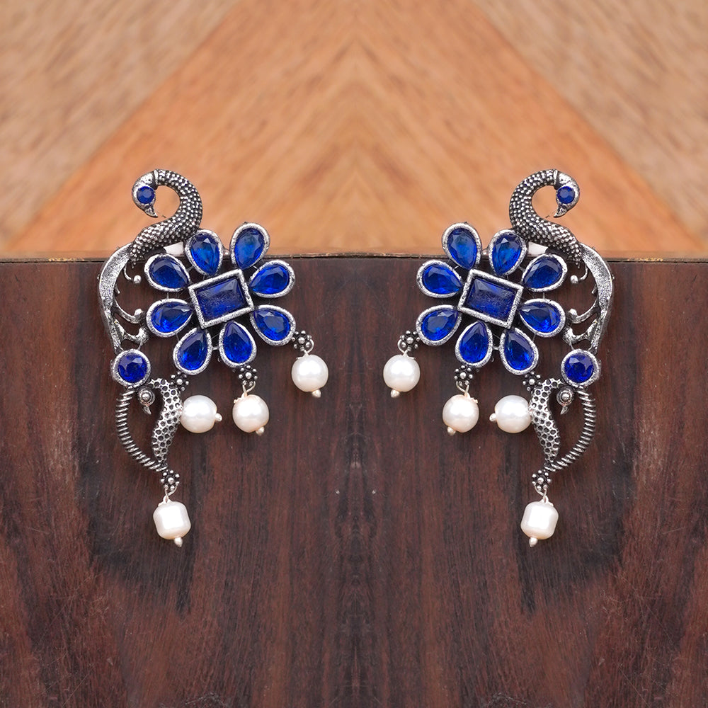 Peacock flower pearl stud earrings (Blue)
