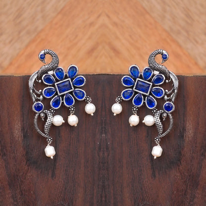 Peacock flower pearl stud earrings (Blue)