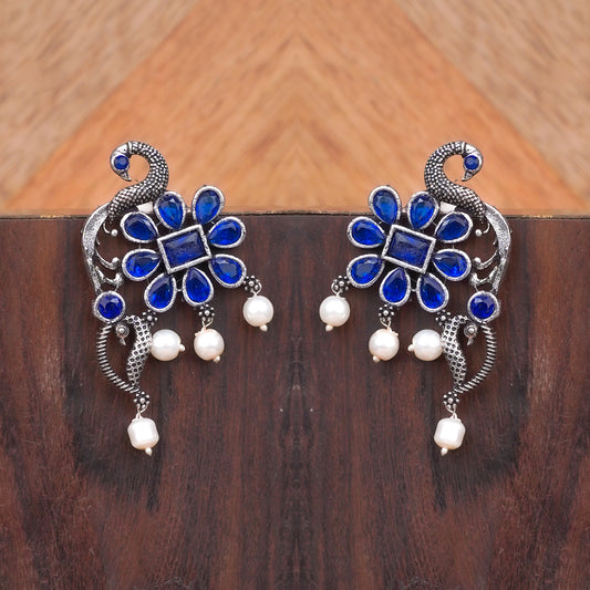 Peacock flower pearl stud earrings (Blue)