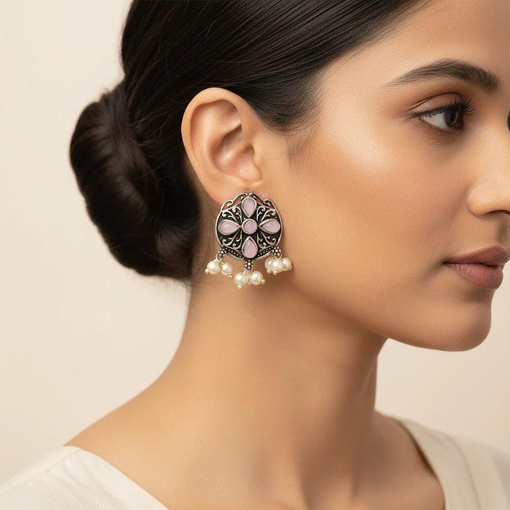 Peacock glow stone studded dangler earrings & Gem Globe stud earrings Combo set