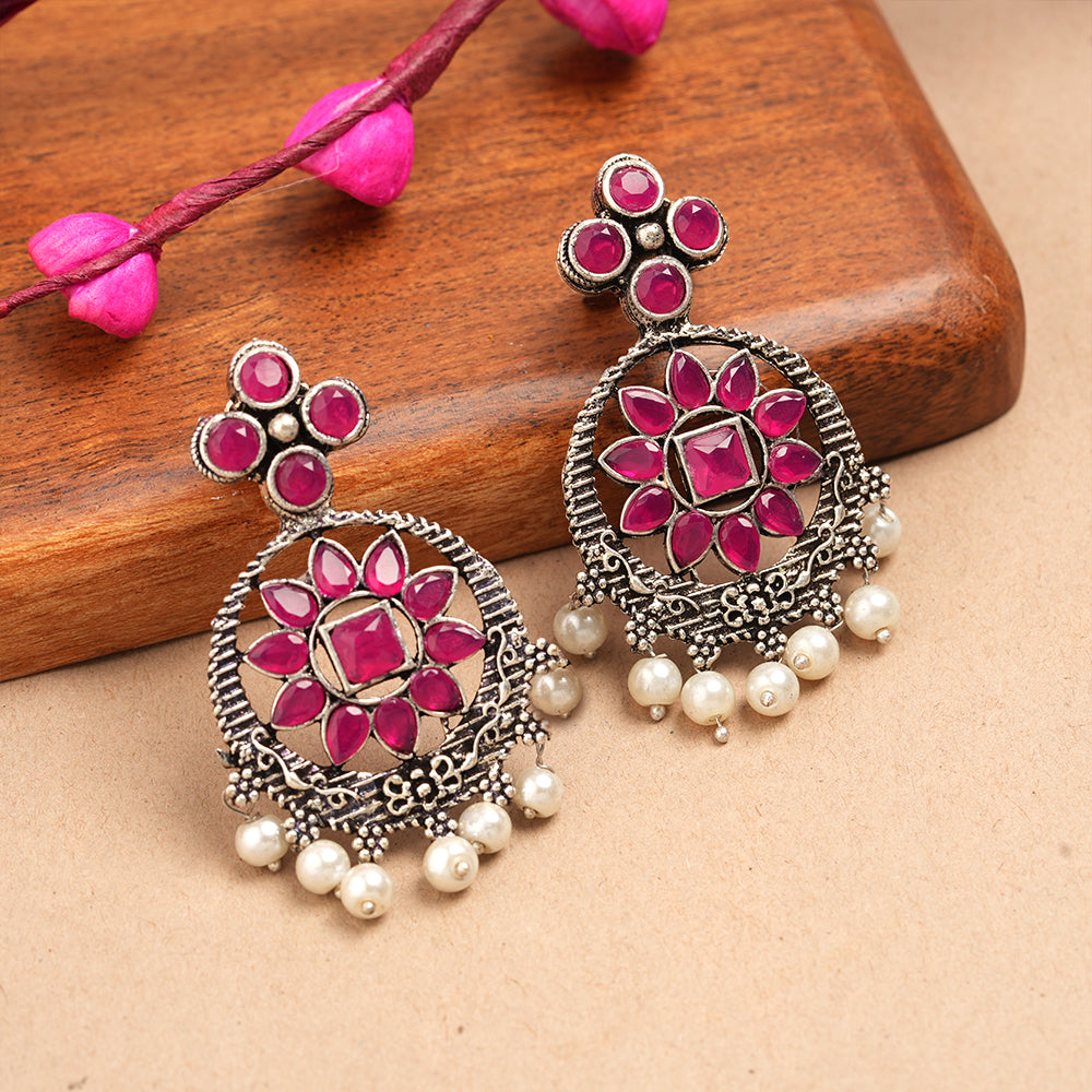 Flower Rangoli Pearl dangler earrings (Red)
