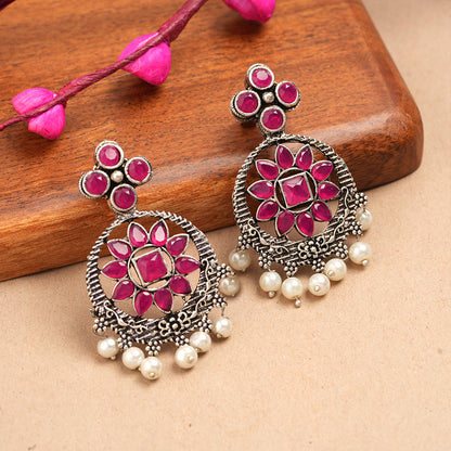 Flower Rangoli Pearl dangler earrings (Red)