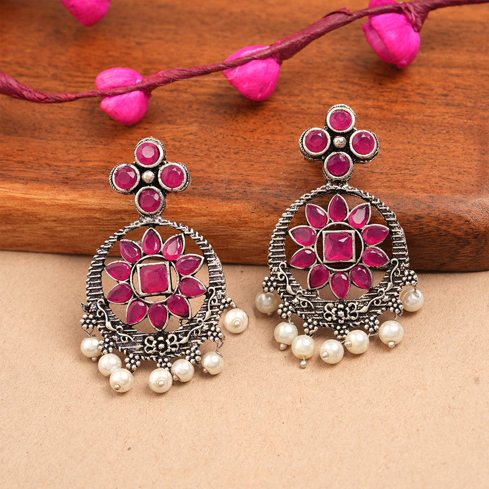 Flower Rangoli Pearl dangler earrings (Red)