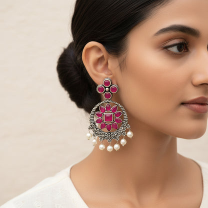 Flower Rangoli Pearl dangler earrings (Red)