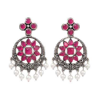 Flower Rangoli Pearl dangler earrings (Red)