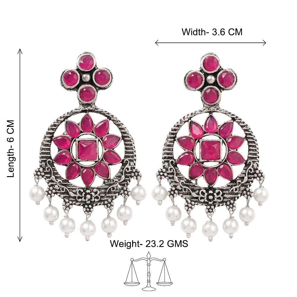 Flower Rangoli Pearl dangler earrings (Red)