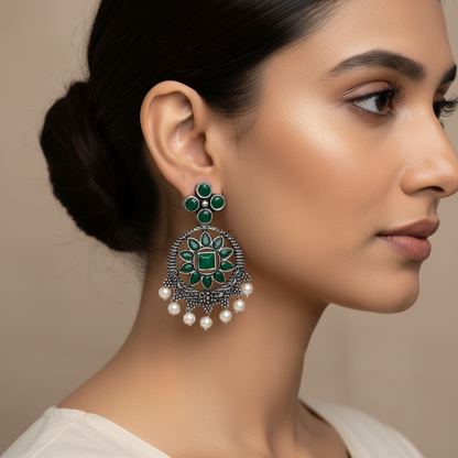 Flower Rangoli Pearl dangler earrings (Green)