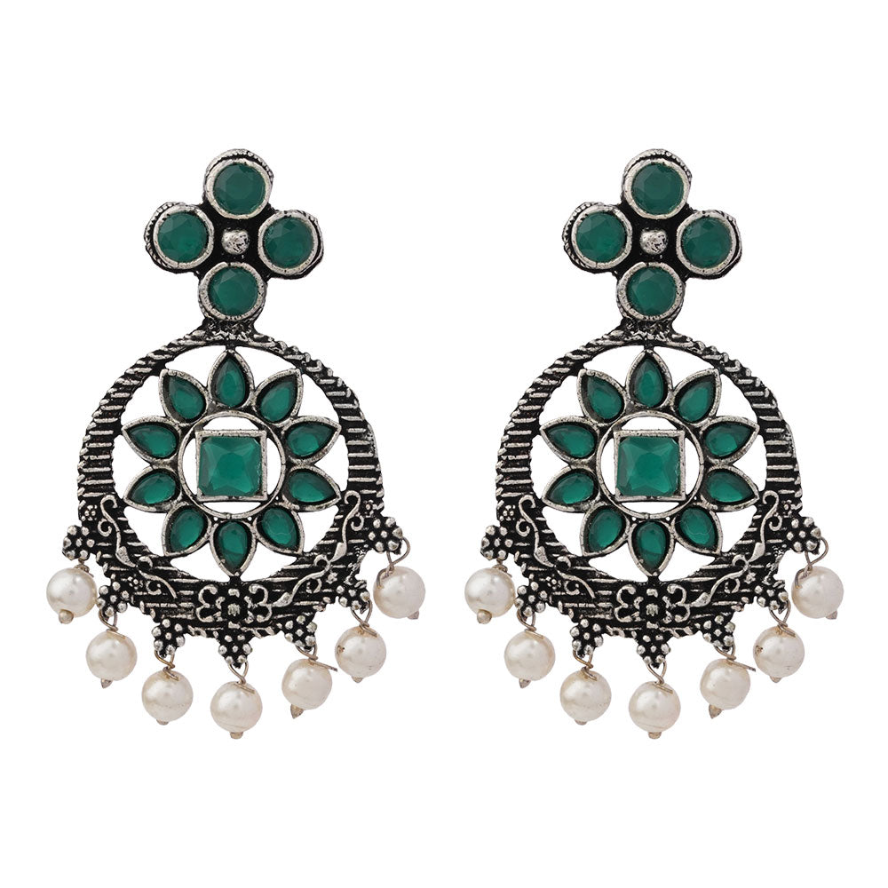 Flower Rangoli Pearl dangler earrings (Green)