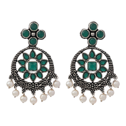 Flower Rangoli Pearl dangler earrings (Green)