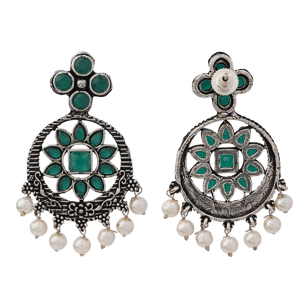 Flower Rangoli Pearl dangler earrings (Green)