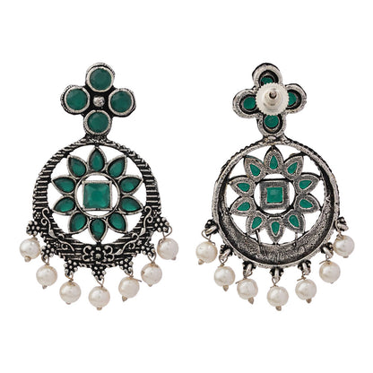 Flower Rangoli Pearl dangler earrings (Green)