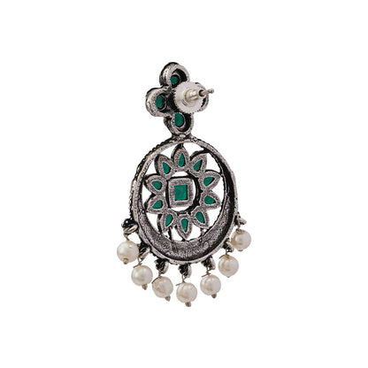 Flower Rangoli Pearl dangler earrings (Green)