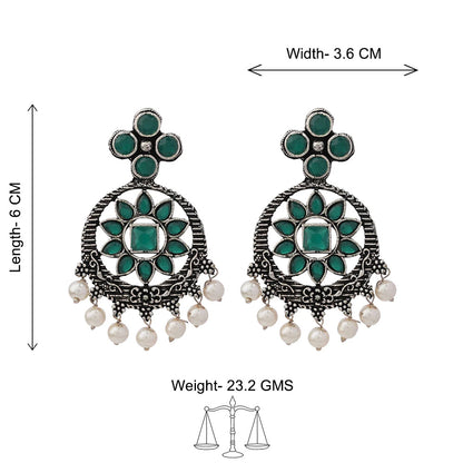 Flower Rangoli Pearl dangler earrings (Green)