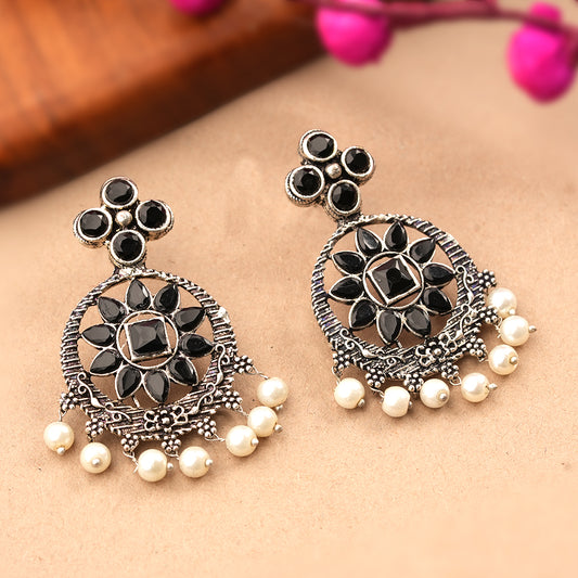 Flower Rangoli Pearl dangler earrings (Black)