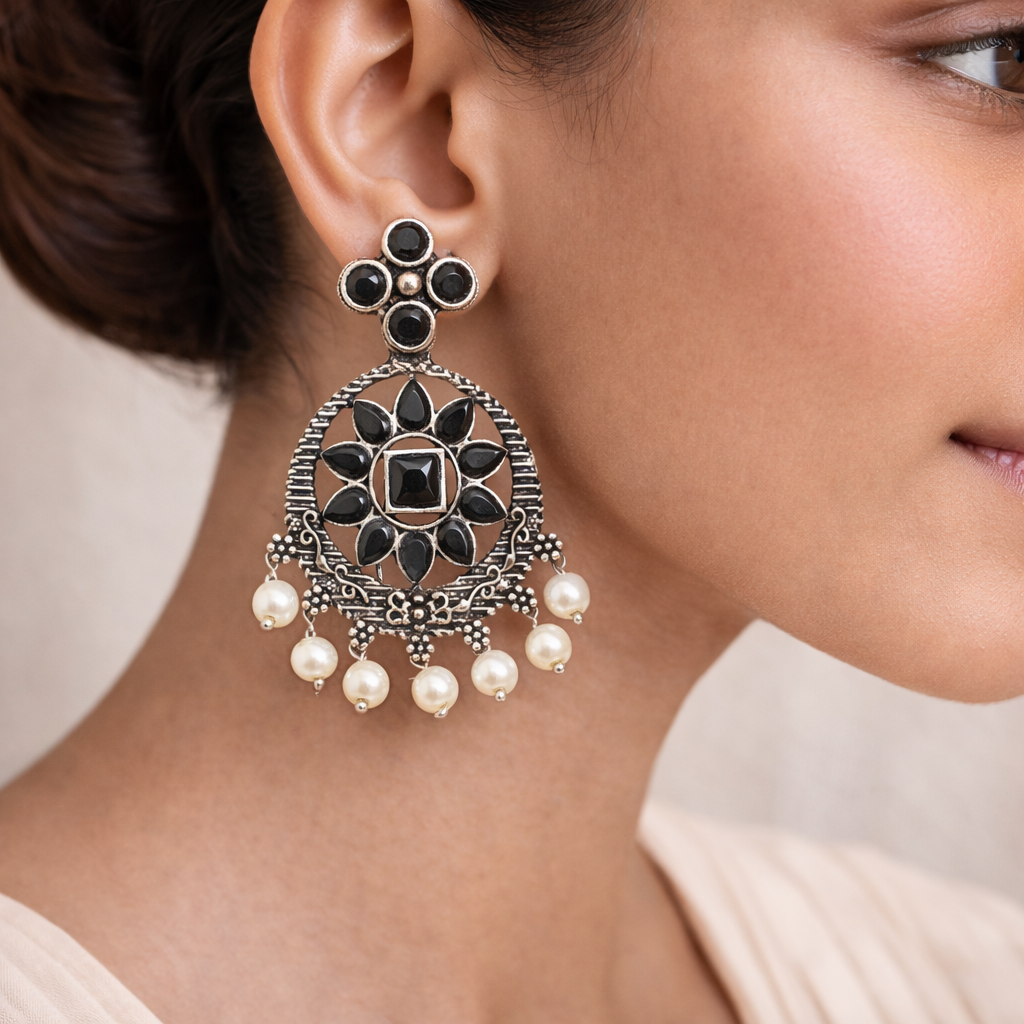 Flower Rangoli Pearl dangler earrings (Black)