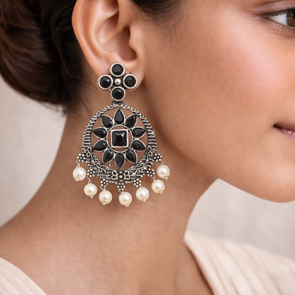 Flower Rangoli Pearl dangler earrings (Black)