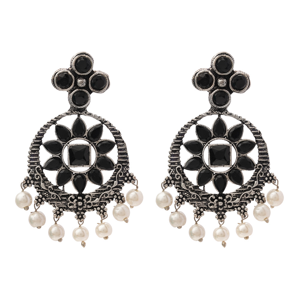 Flower Rangoli Pearl dangler earrings (Black)