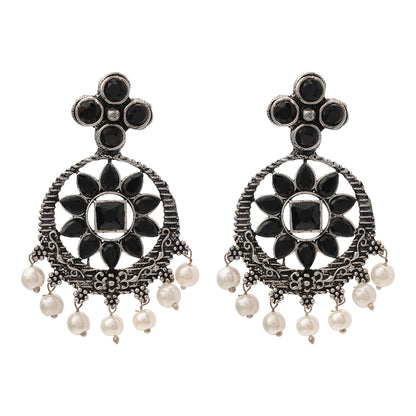 Flower Rangoli Pearl dangler earrings (Black)