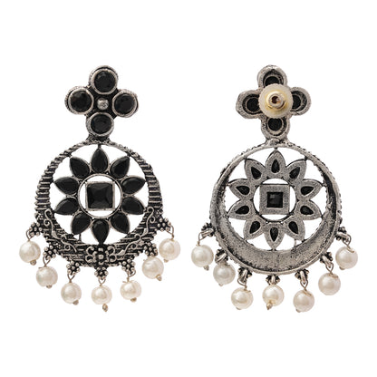 Flower Rangoli Pearl dangler earrings (Black)