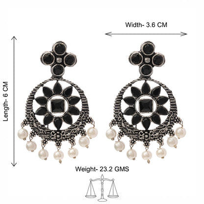 Flower Rangoli Pearl dangler earrings (Black)
