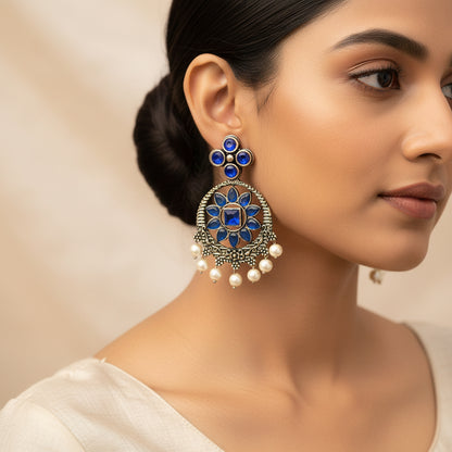 Flower Rangoli Pearl dangler earrings (Blue)