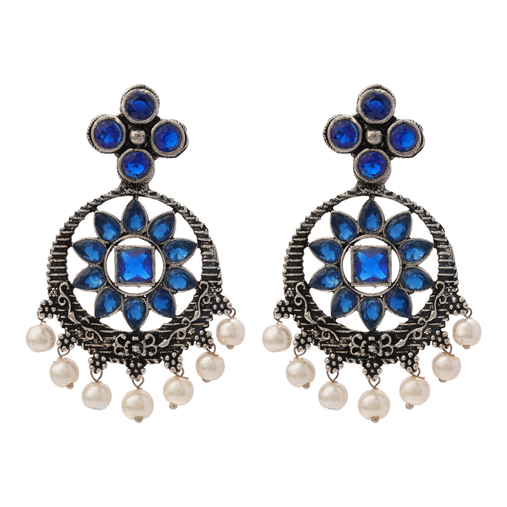 Flower Rangoli Pearl dangler earrings (Blue)