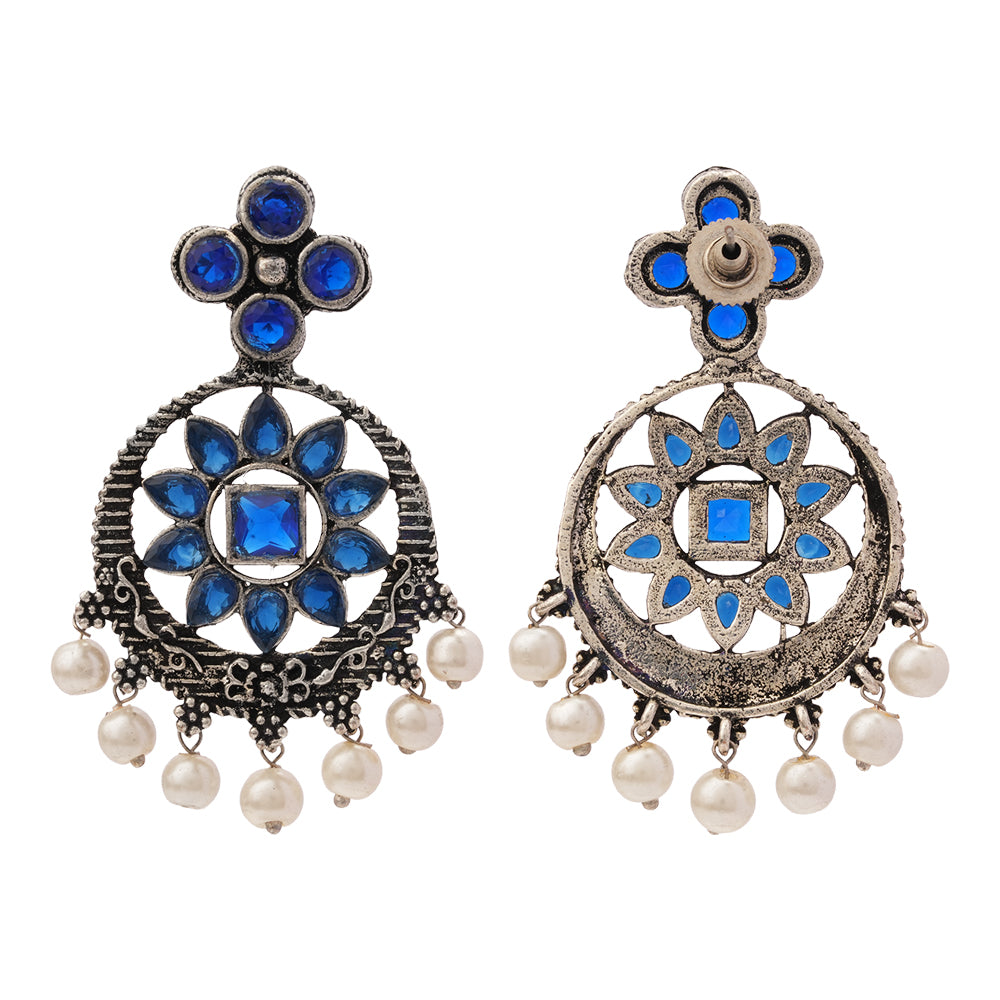 Flower Rangoli Pearl dangler earrings (Blue)