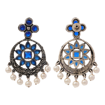 Flower Rangoli Pearl dangler earrings (Blue)