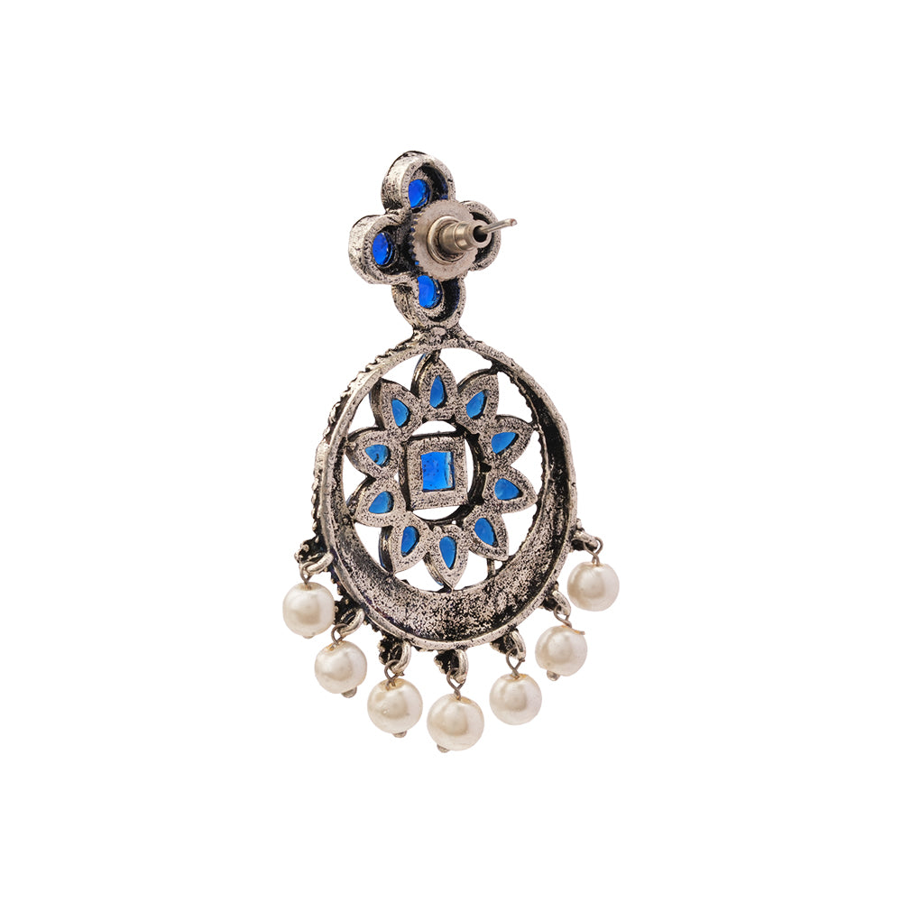 Flower Rangoli Pearl dangler earrings (Blue)