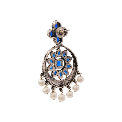 Flower Rangoli Pearl dangler earrings (Blue)