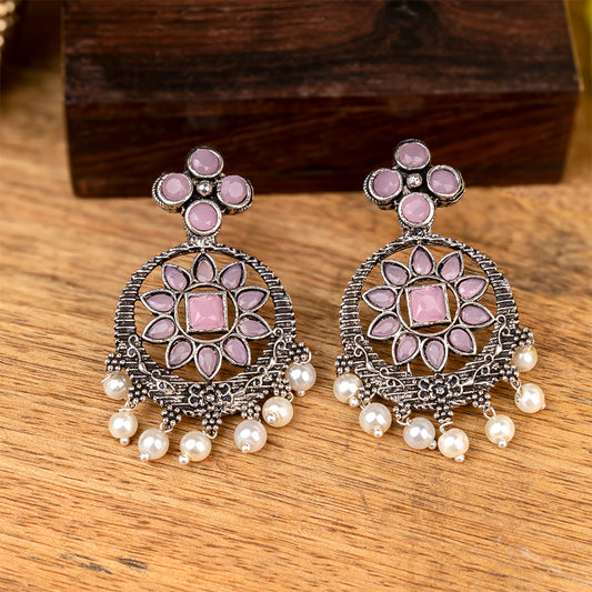 Flower Rangoli Pearl dangler earrings (Baby Pink)