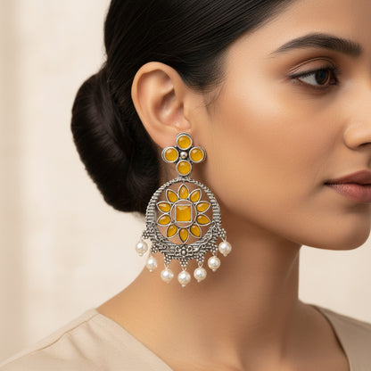 Flower Rangoli Pearl dangler earrings (Yellow)