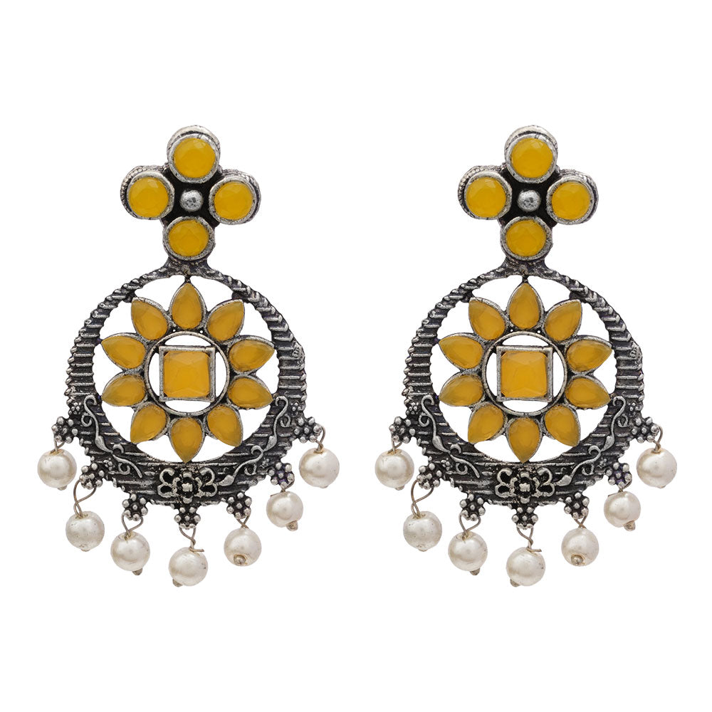 Flower Rangoli Pearl dangler earrings (Yellow)