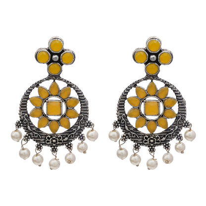 Flower Rangoli Pearl dangler earrings (Yellow)