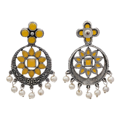 Flower Rangoli Pearl dangler earrings (Yellow)