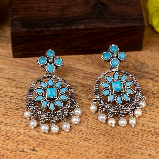 Flower Rangoli Pearl dangler earrings (Sky Blue)
