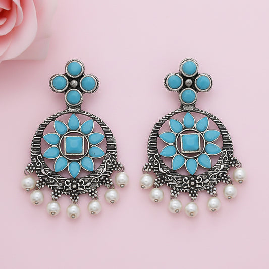 Flower Rangoli Pearl dangler earrings (Sky Blue)