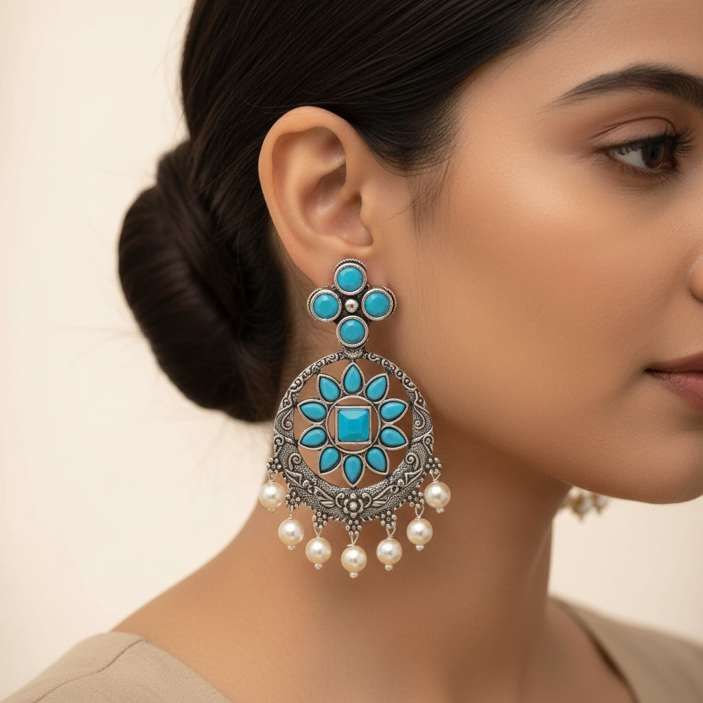 Flower Rangoli Pearl dangler earrings (Sky Blue)