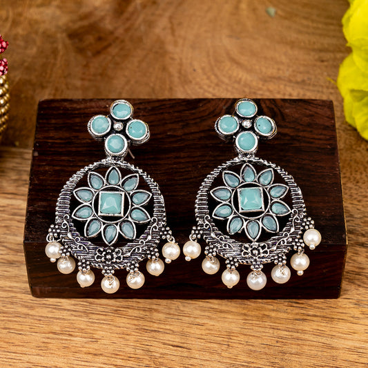 Flower Rangoli Pearl dangler earrings (Mint)
