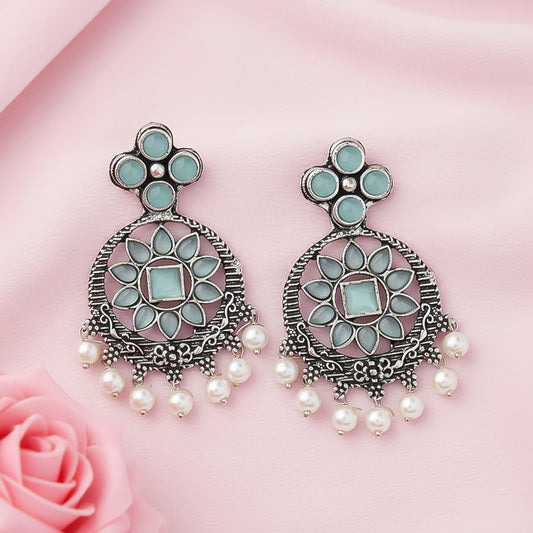 Flower Rangoli Pearl dangler earrings (Mint)
