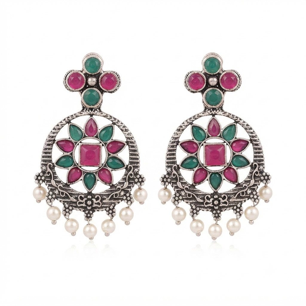 Flower Rangoli Pearl dangler earrings (Multicolored)