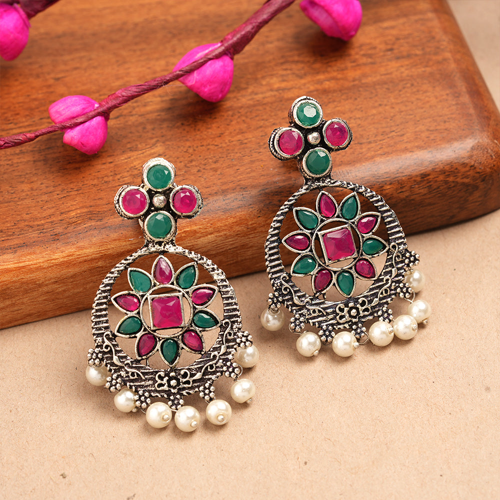 Flower Rangoli Pearl dangler earrings (Multicolored)