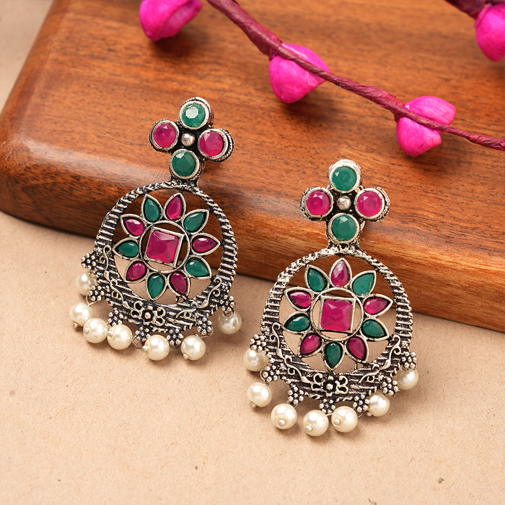 Flower Rangoli Pearl dangler earrings (Multicolored)