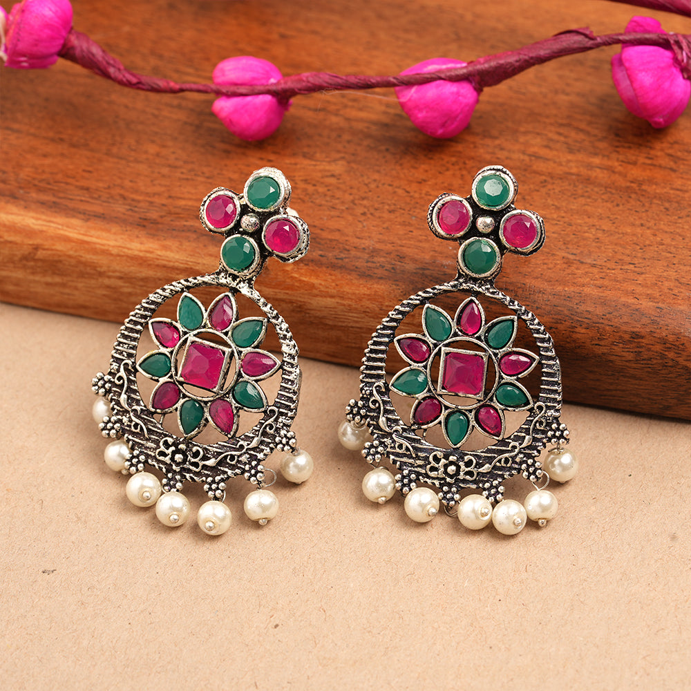 Flower Rangoli Pearl dangler earrings (Multicolored)