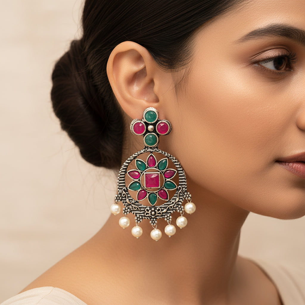 Flower Rangoli Pearl dangler earrings (Multicolored)