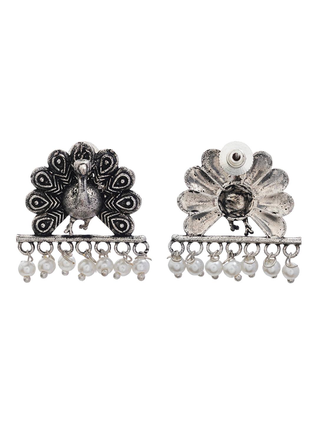 Carved Charm Dangler earrings (White) Meena Manjari stone stud earrings (Silver) Combo set
