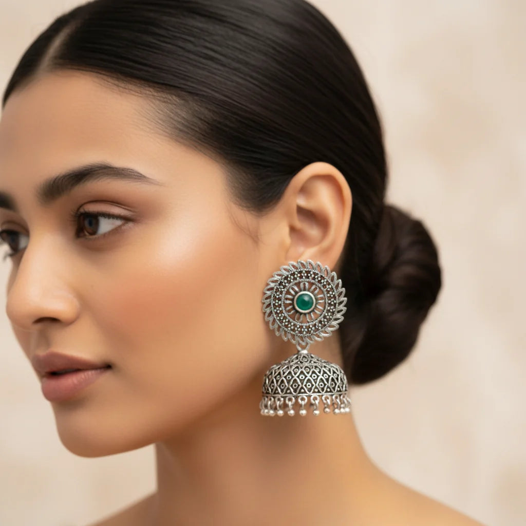 Peacock glow stone studded dangler earrings & Jhilmil jhumki earring Combo set